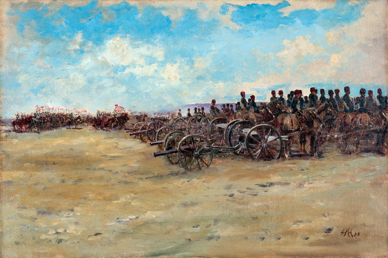 A Királyi Ló Tüzérség és a Lándzsák indulásra várnak, 1898 alkotó: Edward Matthew Hale