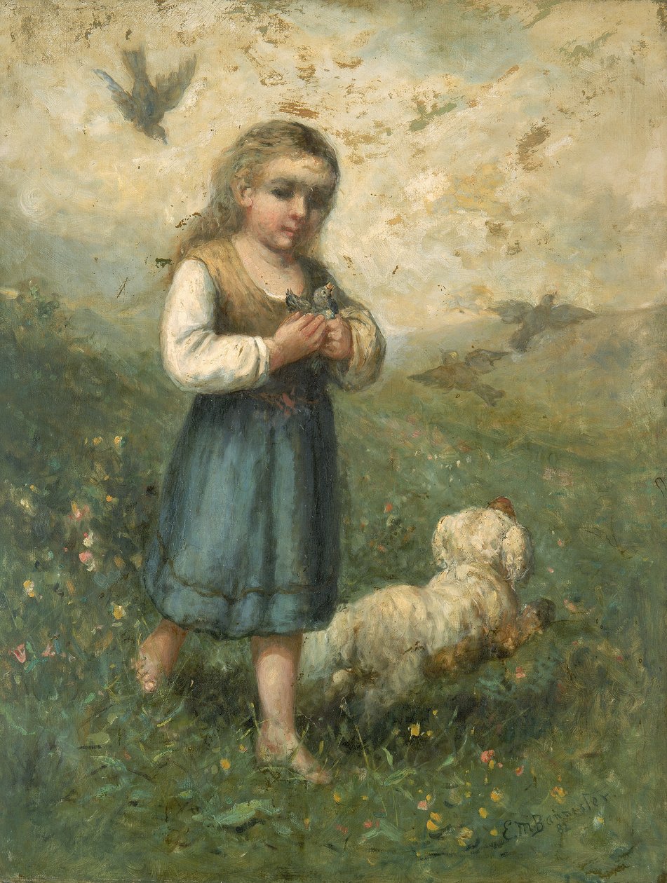 Gyermek madarakkal és kutyával, 1882. alkotó: Edward Mitchell Bannister