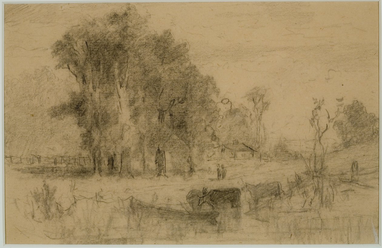 Táj, evezős csónak és tehenek (#57) C. 1880 (grafit papíron) alkotó: Edward Mitchell Bannister