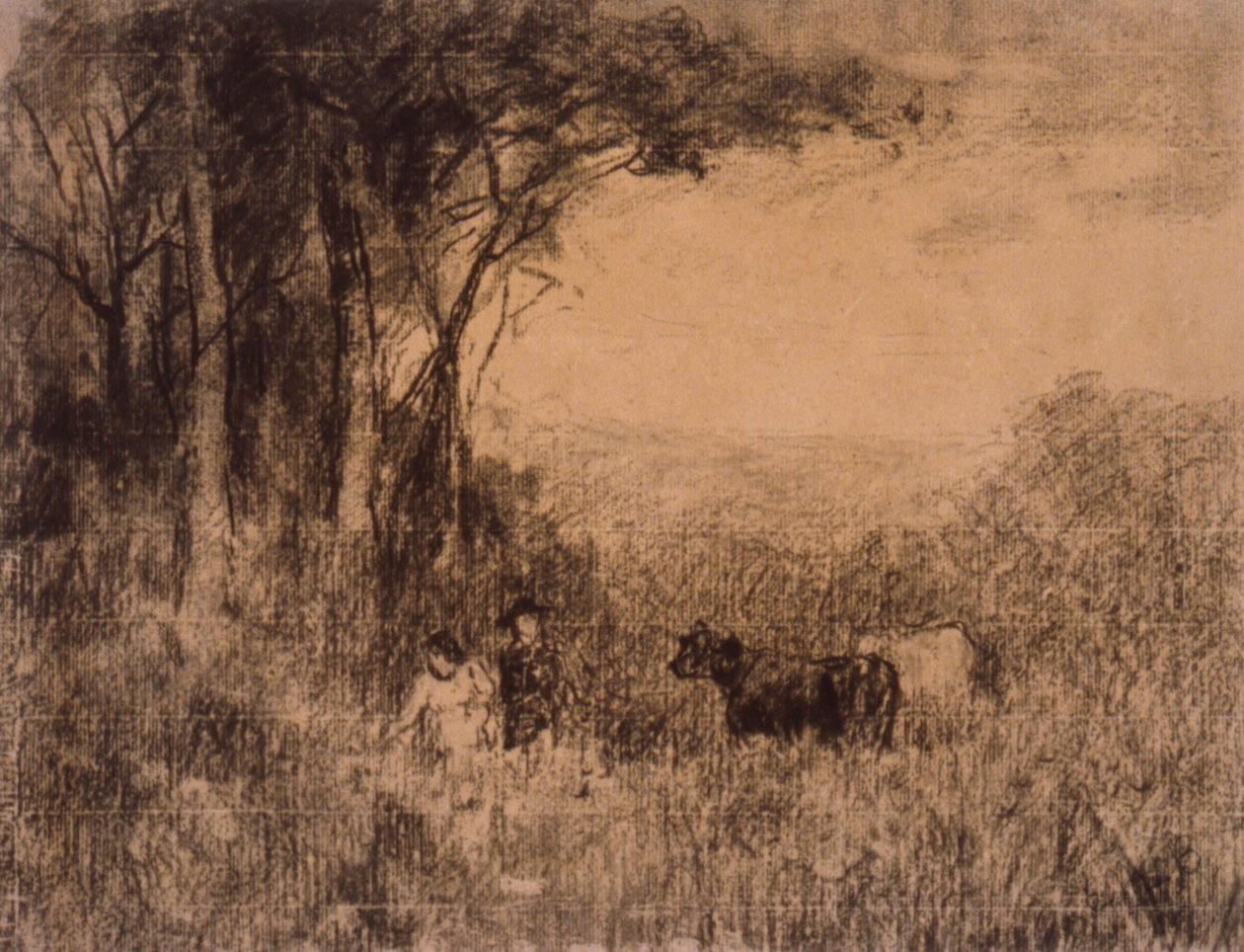 Tájkép tehenekkel és a legelőn mozgó figurákkal alkotó: Edward Mitchell Bannister