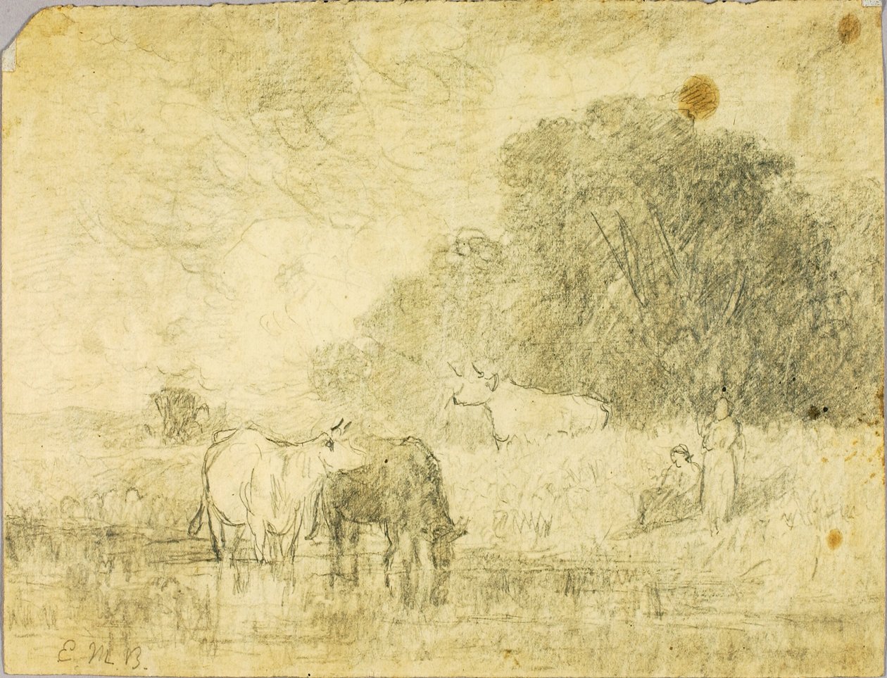 Tájkép tehenekkel a tónál, két figura alkotó: Edward Mitchell Bannister