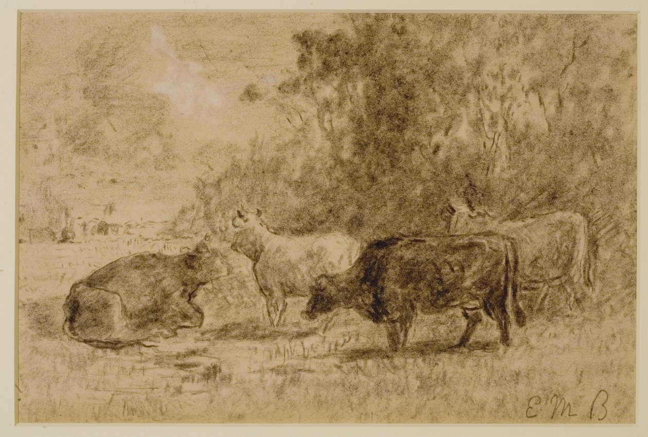 Táj négy tehénnel, c. 1880-as évek (szén papíron) alkotó: Edward Mitchell Bannister