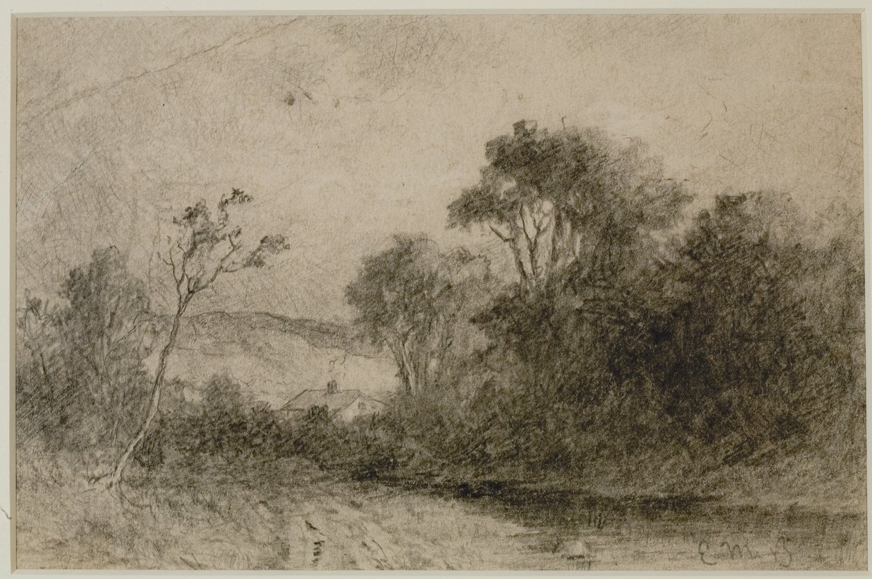 Táj tetőkkel a fák mögött (#49) c. 1880-as évek (grafit papíron) alkotó: Edward Mitchell Bannister