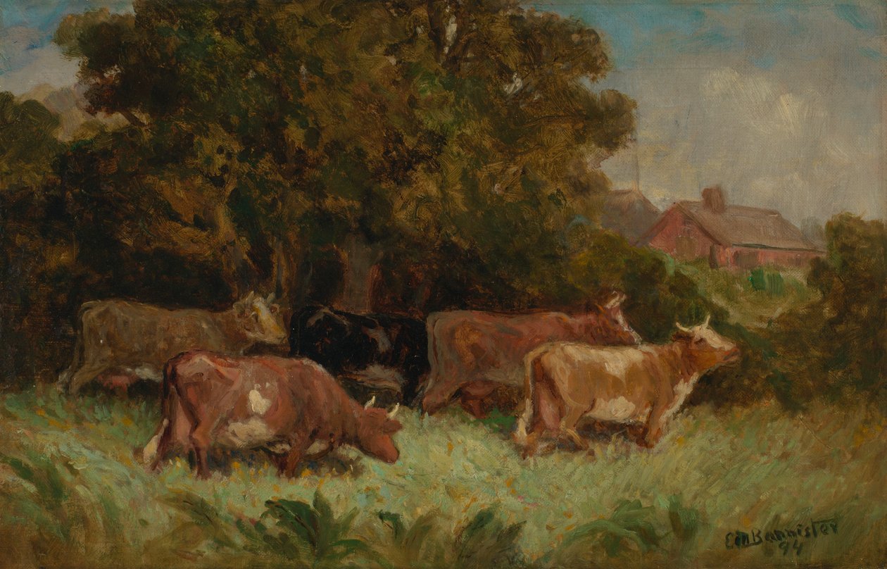 Cím nélkül (öt tehén a legelőn, háttérben háztető) alkotó: Edward Mitchell Bannister