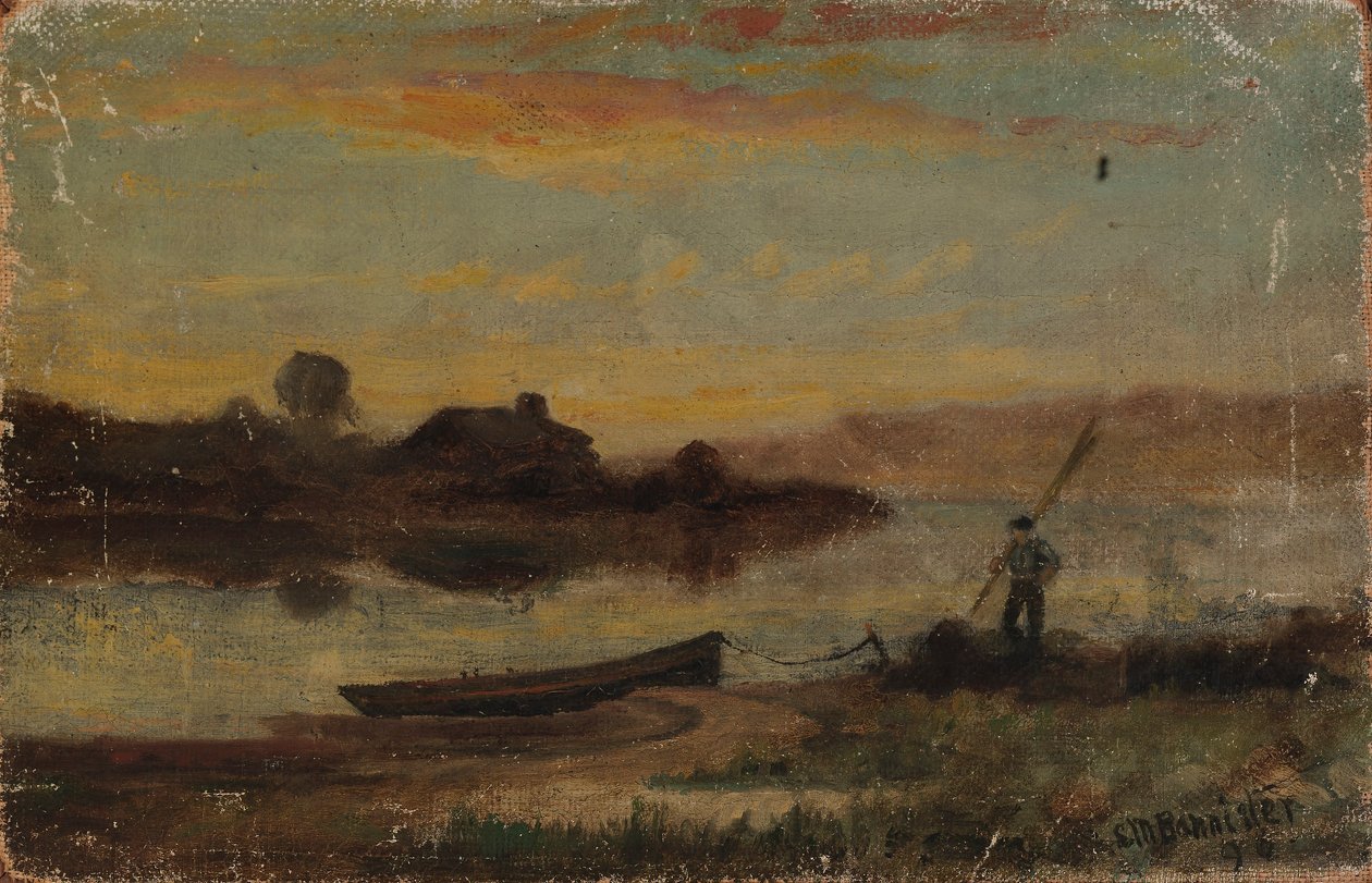 Cím nélkül (tájkép, csónak kikötve a part mellett, ember sétál) alkotó: Edward Mitchell Bannister