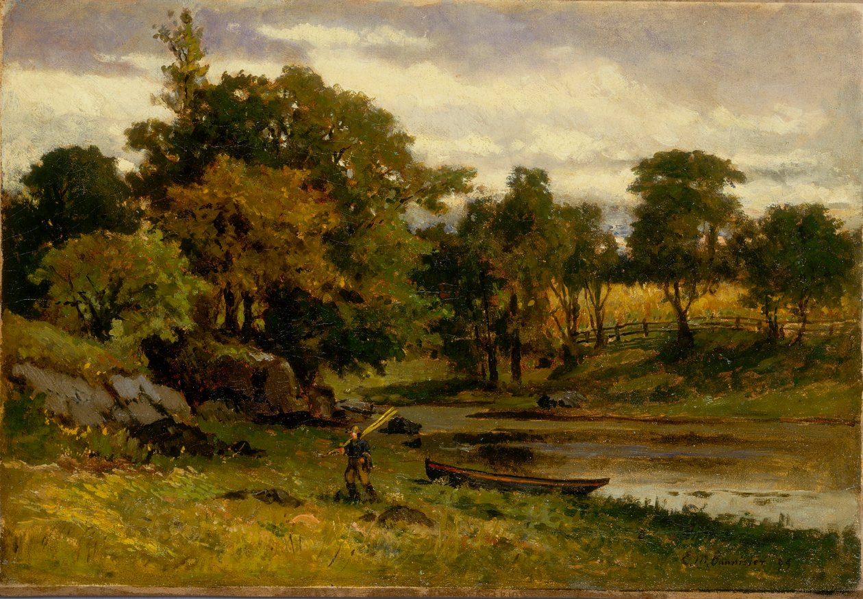 Cím nélkül (tájkép, csónak kikötve a patak mellett, előtérben sétáló férfi) alkotó: Edward Mitchell Bannister