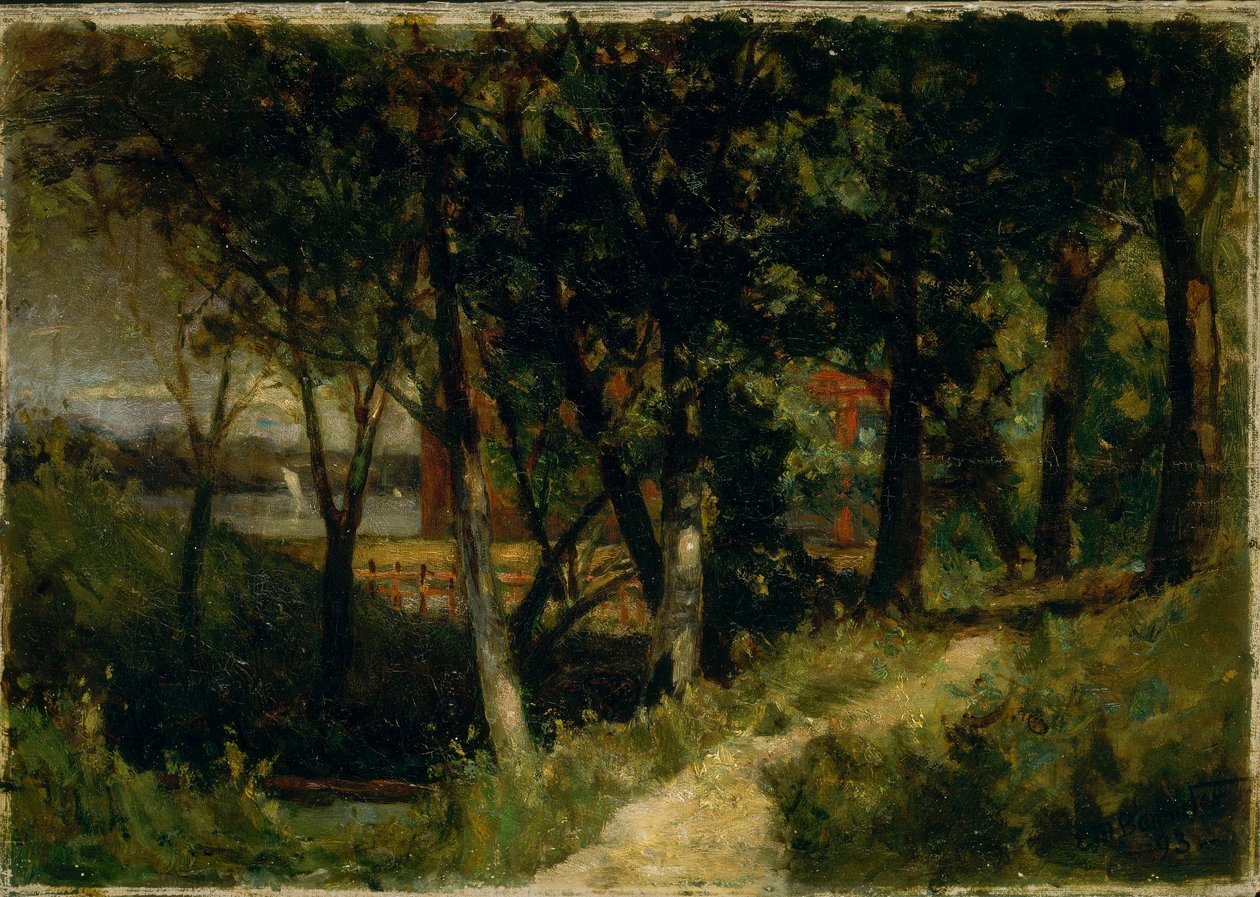 Cím nélkül (tájkép, erdei jelenet piros kerítéssel és épülettel) alkotó: Edward Mitchell Bannister