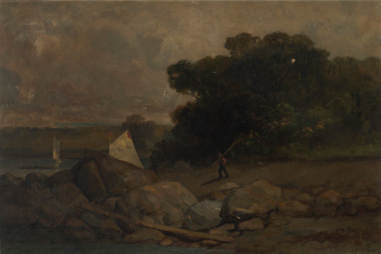 Cím nélkül (tájkép sziklákkal, emberrel és vitorlással) alkotó: Edward Mitchell Bannister