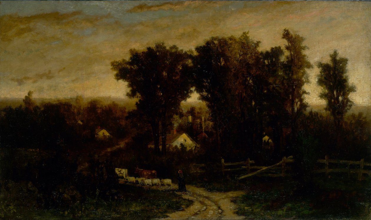 Cím nélkül (nő szarvasmarhákkal és birkákkal alkonyatkor) alkotó: Edward Mitchell Bannister