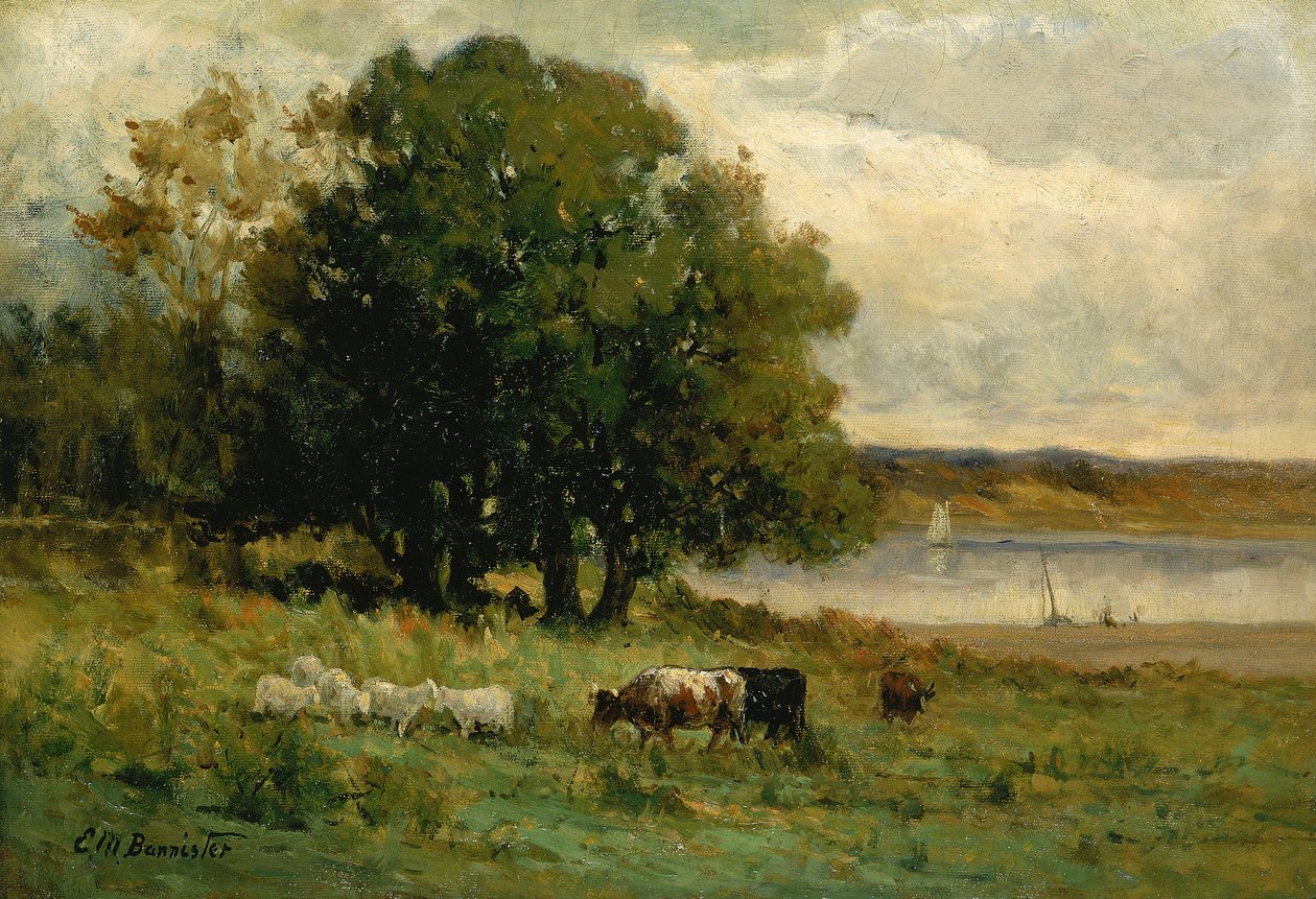 Cím nélküli szarvasmarha a folyó közelében vitorlással a távolban, n.d. alkotó: Edward Mitchell Bannister
