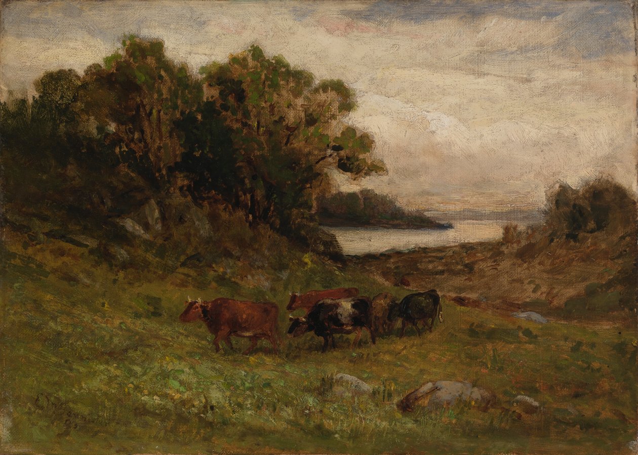 Cím nélkül öt tehén legelész fákkal és folyóval a háttérben. alkotó: Edward Mitchell Bannister