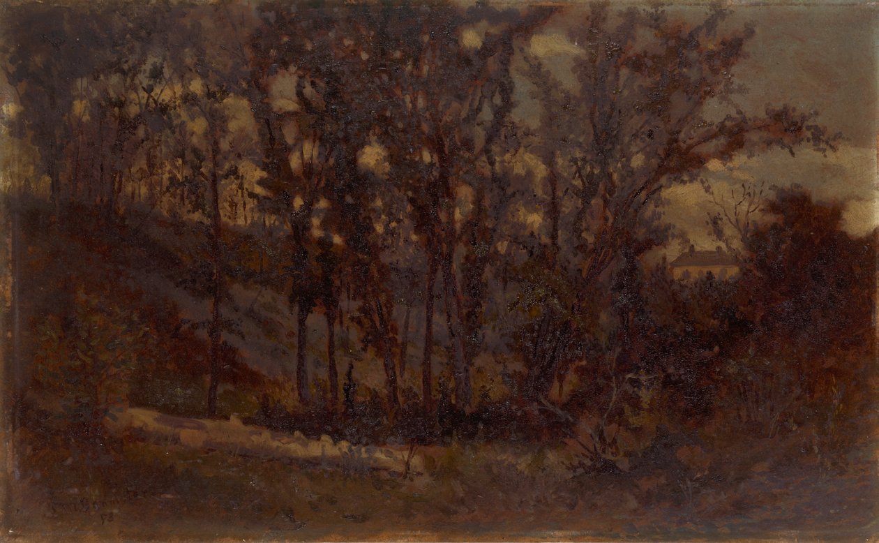 Névtelen erdei jelenet, kidőlt fa az előtérben és ház a háttérben, 1873. alkotó: Edward Mitchell Bannister