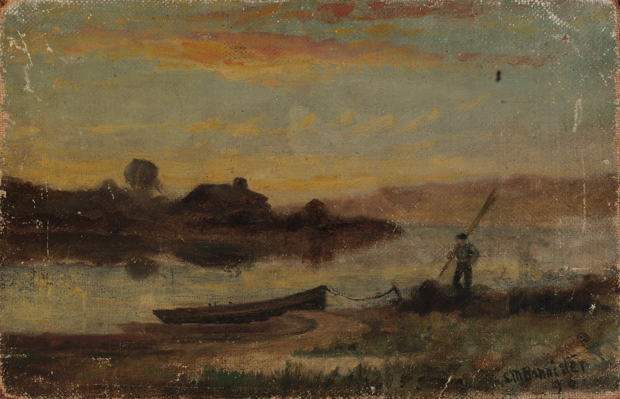 Cím nélküli táj, csónak kikötve a part közelében, emberrel sétálva, 1896. alkotó: Edward Mitchell Bannister