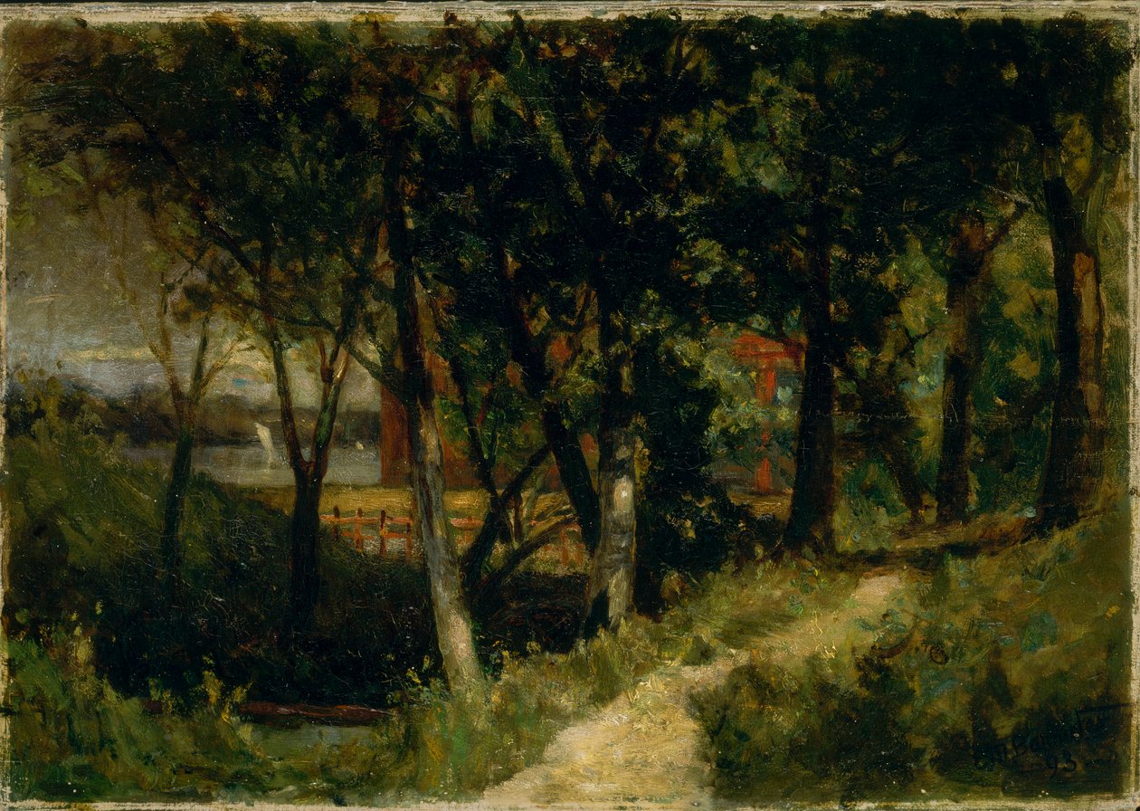Cím nélküli táj, erdei jelenet piros kerítéssel és épülettel, 1893. alkotó: Edward Mitchell Bannister