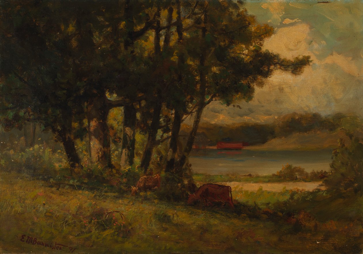Névtelen táj a folyó mellett legelő tehenekkel, 1891. alkotó: Edward Mitchell Bannister