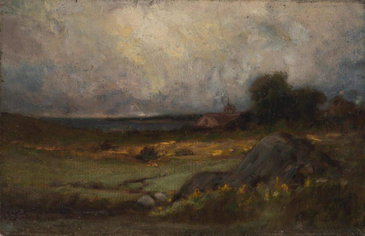 Névtelen táj sziklával az előtérben és tetővel toronnyal, háttérben tóval, n.d. alkotó: Edward Mitchell Bannister