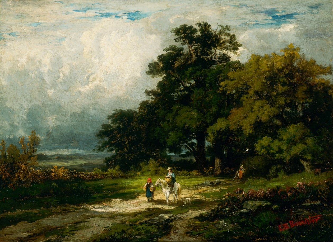 Névtelen férfi lovon nővel és kutyával. alkotó: Edward Mitchell Bannister