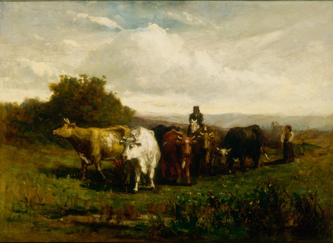 Névtelen férfi lóháton, gyalogos nő marhát hajtó, 1880. alkotó: Edward Mitchell Bannister