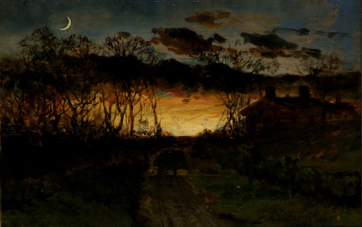 Névtelen naplemente negyed holddal és parasztházzal, 1883. alkotó: Edward Mitchell Bannister