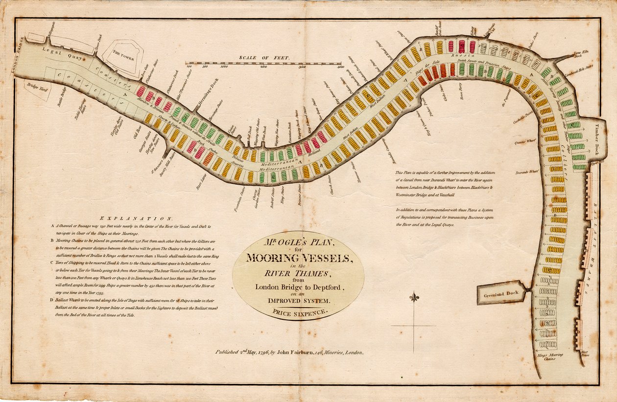 Ogle úr terve a hajók kikötésére a Temzén, a London Bridge-től Deptfordig, egy továbbfejlesztett rendszer szerint. alkotó: Edward Ogle