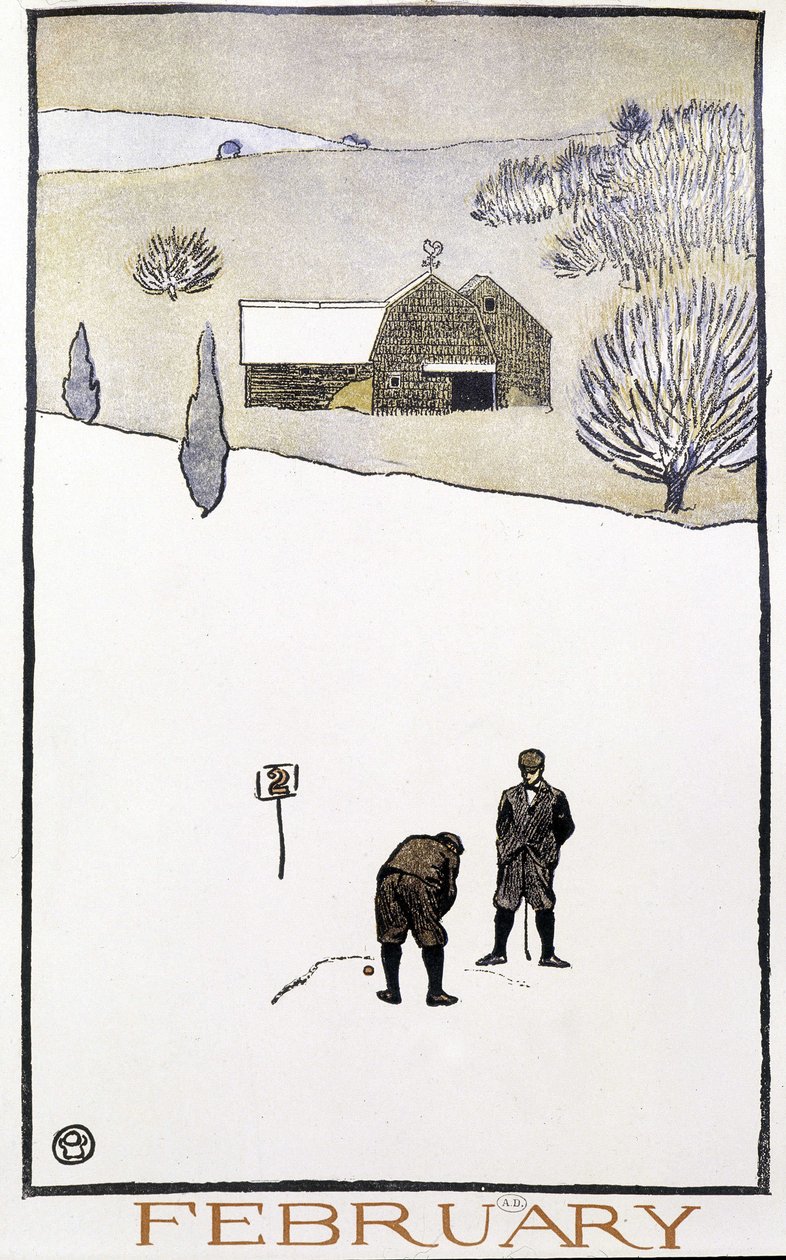 Golf a hóban – Edward Penfield „Golfnaptárában”. alkotó: Edward Penfield