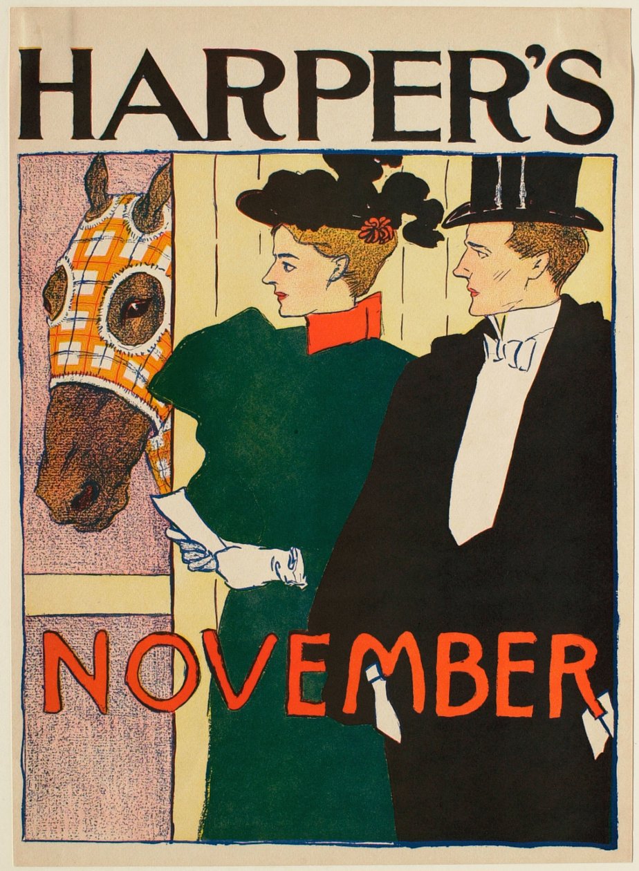 Hölgy és úr egy lóistálló előtt, novemberi Harper