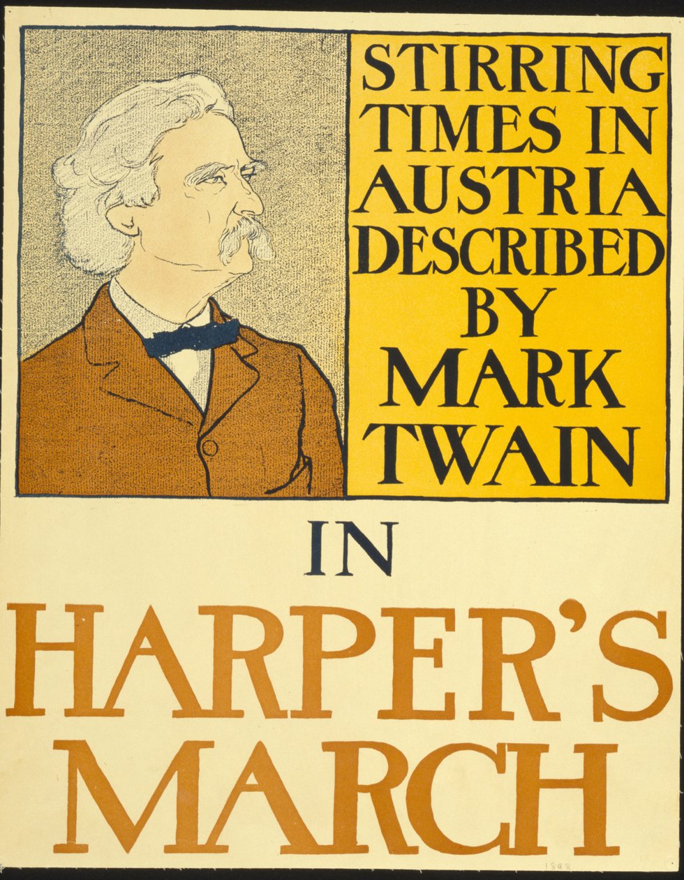 Mark Twain a Harper 1898. márciusi számában (litográfia) alkotó: Edward Penfield
