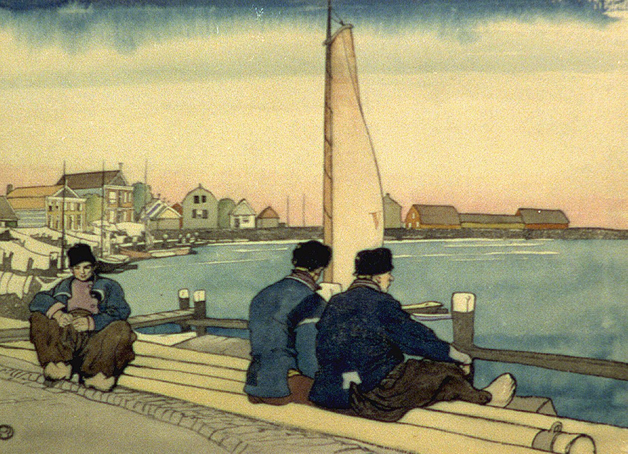 Várakozás a szélre és az árapályra, Edward Penfield akvarellje alkotó: Edward Penfield