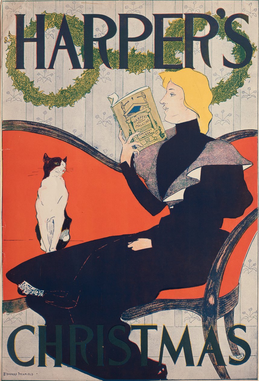 Frau auf einem roten Sofa lesend, Weihnachtsausgabe Harper