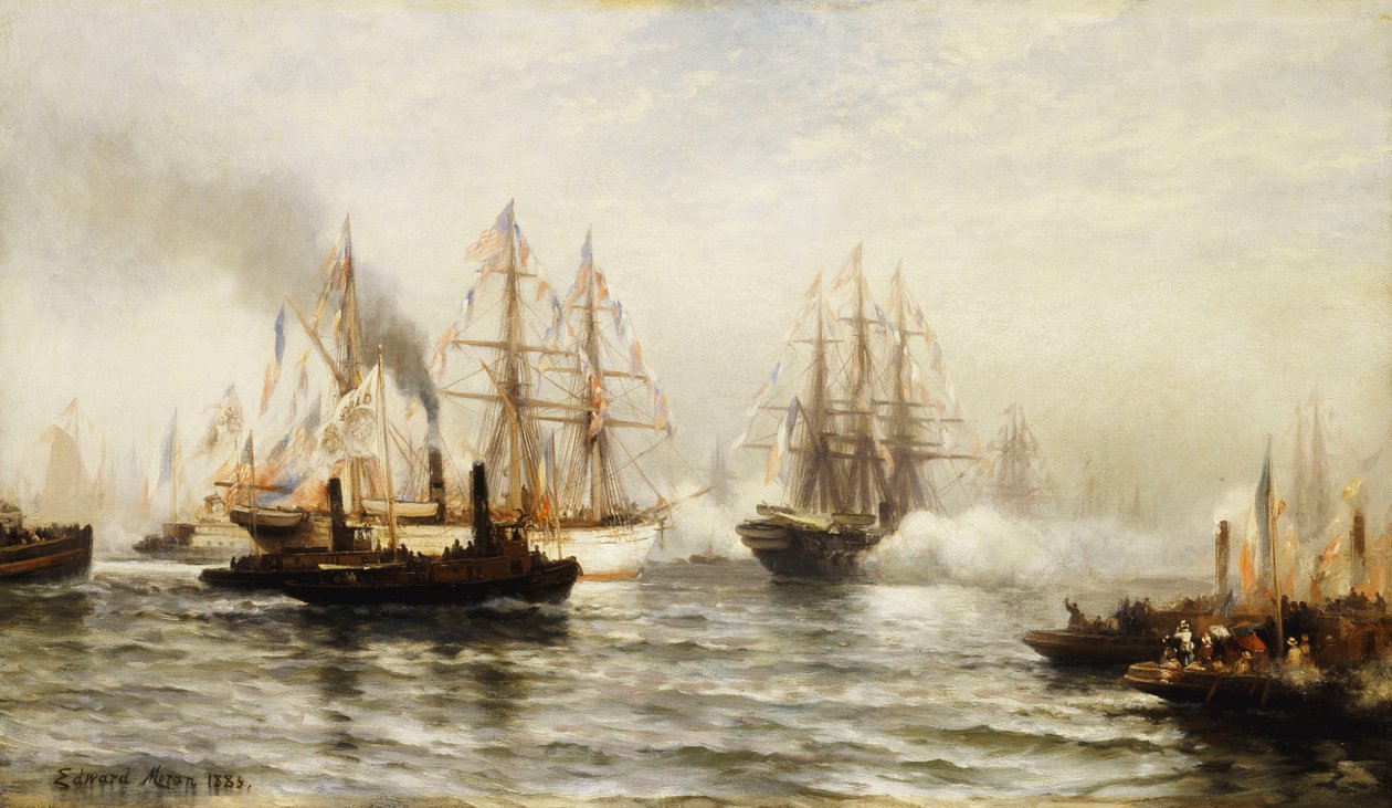Az Isere fogadása a New York-öbölben, 1885. június 20-án alkotó: Edward Percy Moran