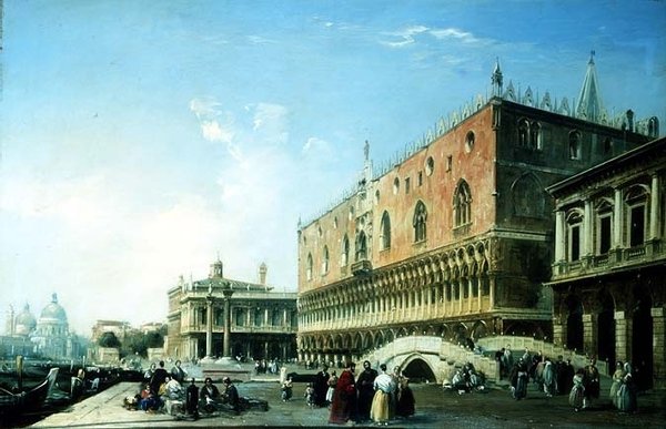 A velencei Piazzetta számos figurával a Dózse-palota mellett (olaj, vászon) alkotó: Edward Pritchett