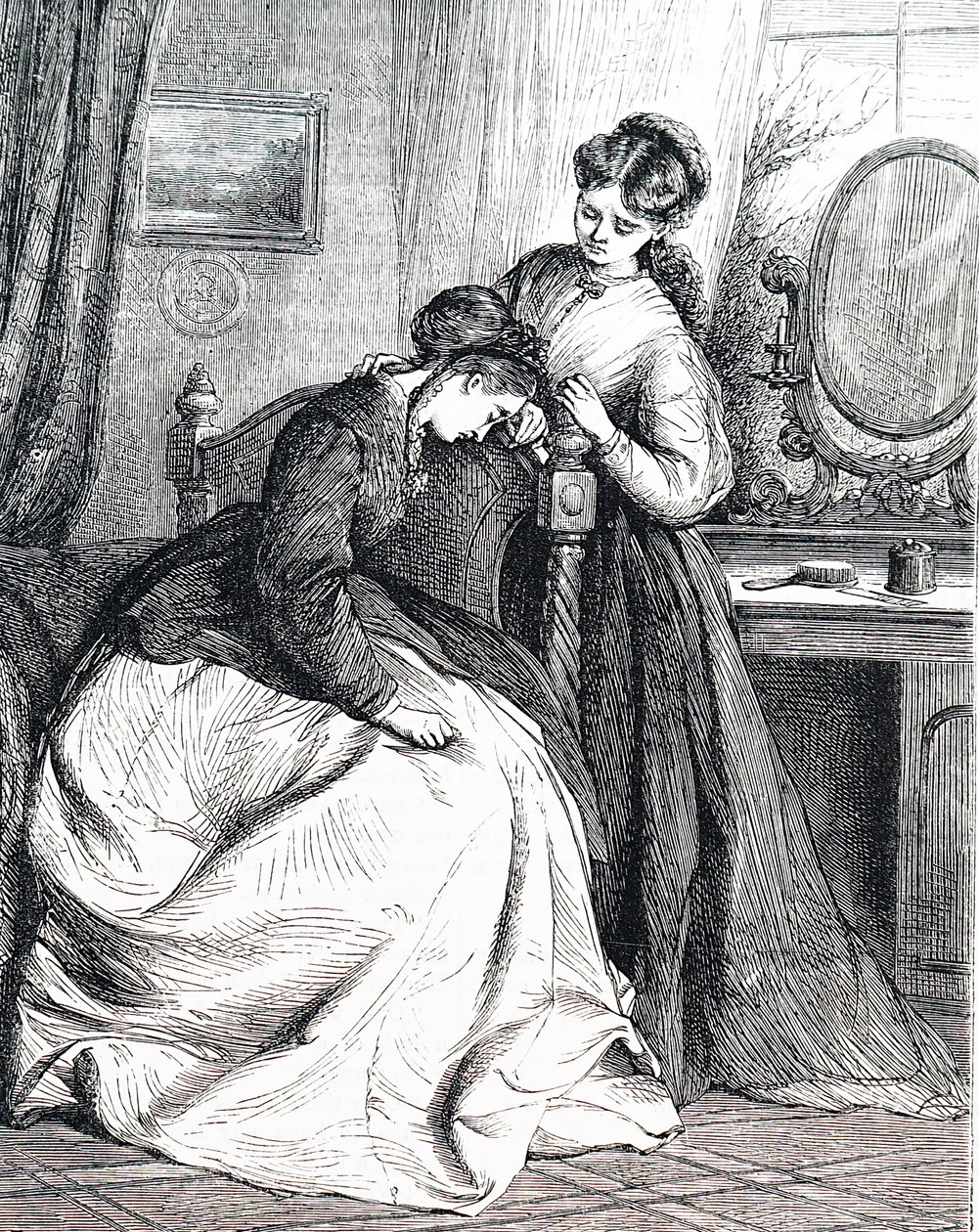 Egy idősebb nővér vigasztalja fiatal nővérét alkotó: Edward Robert Hughes
