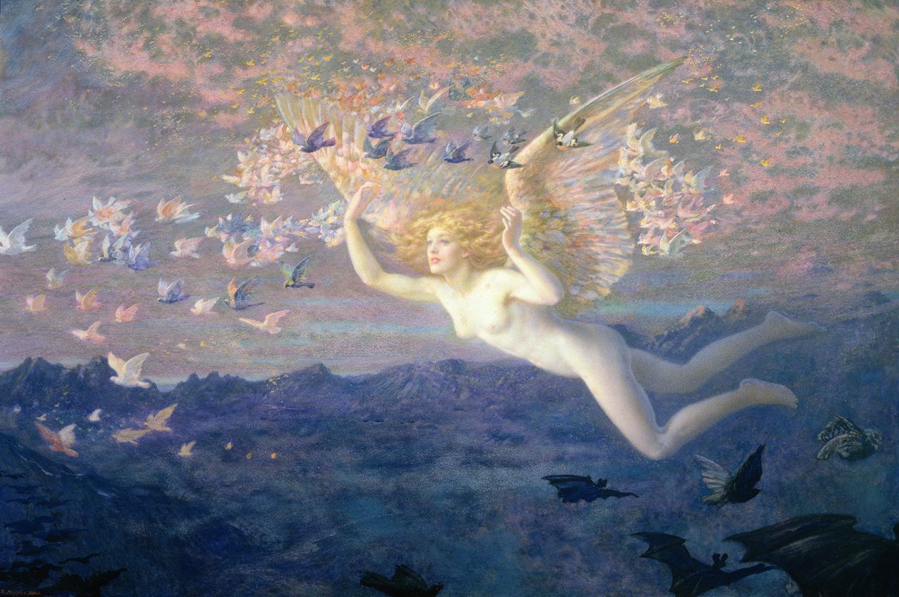 A Reggel szárnyain, 1905 (a wc testszínnel és aranyfestékkel kiemelve) alkotó: Edward Robert Hughes