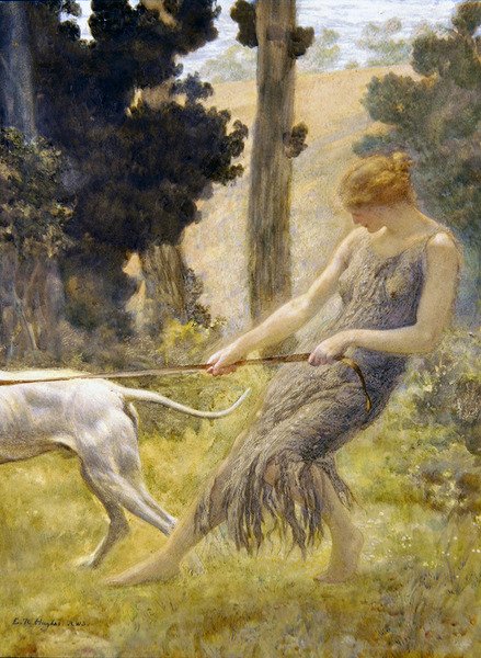 Nő sétáltatja a kutyáját (tempera a fedélzeten) alkotó: Edward Robert Hughes