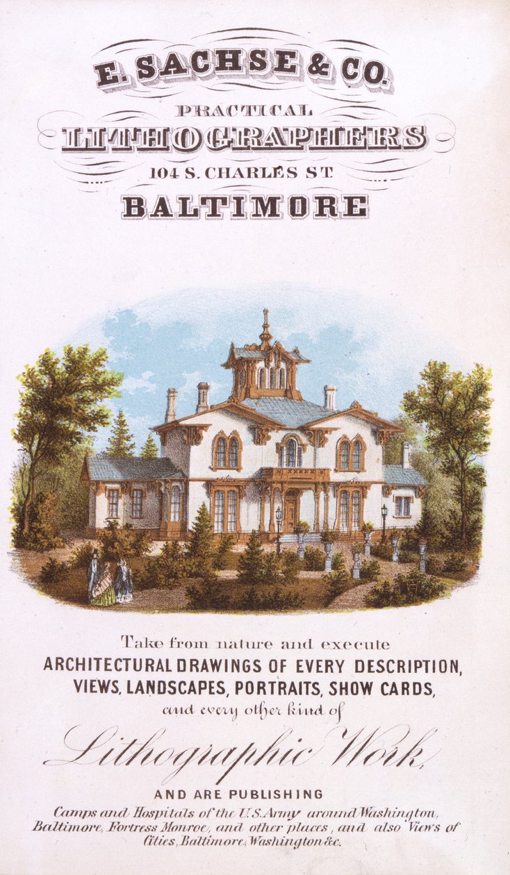 E. Sachse und Co., Practical Lithographers, 104 S. Charles St., Baltimore, (litográfia [kereskedelmi kártya]) alkotó: Edward Sachse