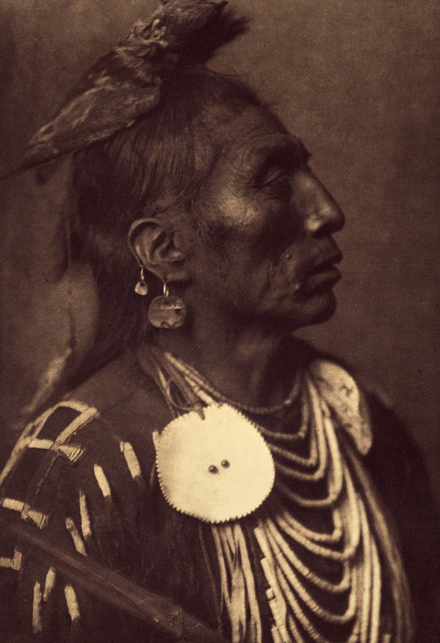 Medicine Crow, Apsaroke. A fejére kötött sólyom védőszellemének szimbólumát hordozza. A kép az Edward S. Curtis (1868-1952) által az észak-amerikai indiánokról szóló enciklopédiának 4. kötetéből készült, Theodor előszavával alkotó: Edward Sheriff Curtis