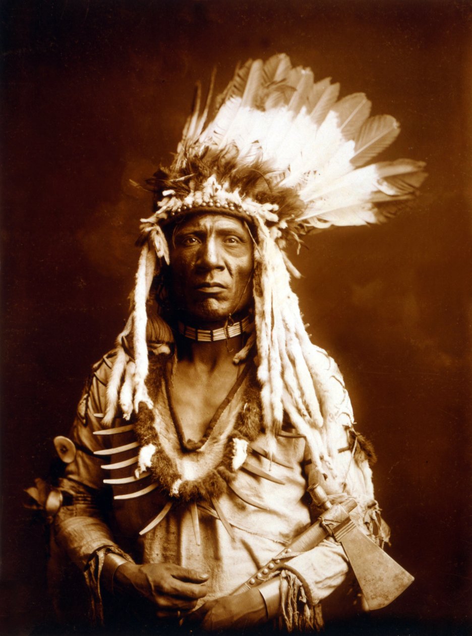 Menyétfark, Piegan, Tomahawk-kal, c. 1900, fénykép Edward S. Curtis alkotó: Edward Sheriff Curtis