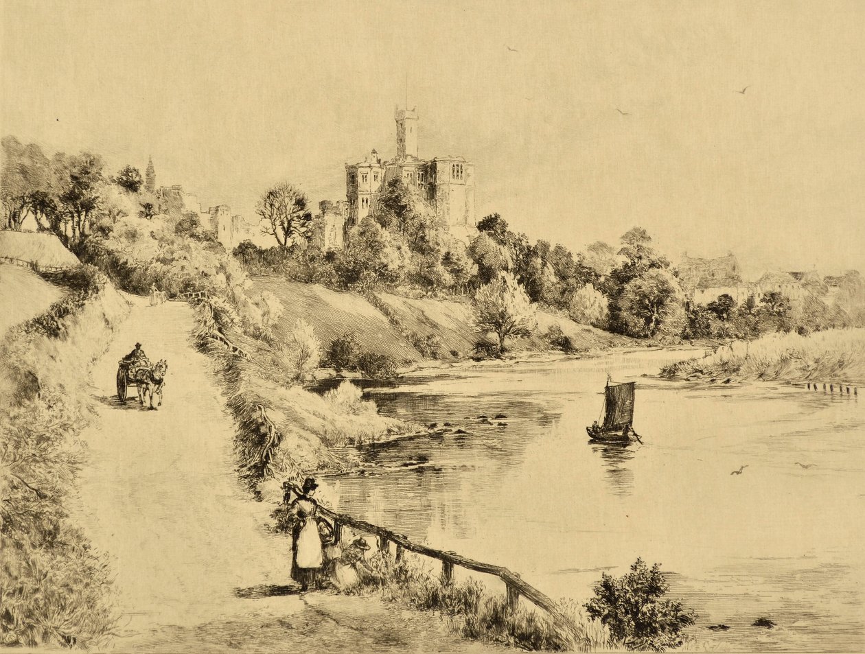 The Coquet: Warkworth kastély az Amble-be vezető úttól, 1880 körül (rézkarc) alkotó: Edward Slocombe