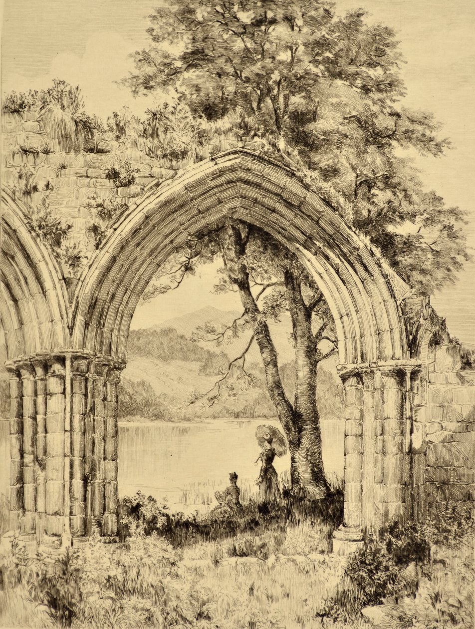 A Forth: Menteith-tó az Inchmahome-i kolostorból, 1880 körül (rézkarc) alkotó: Edward Slocombe