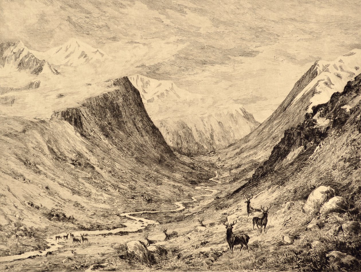 The Highland Dee: Garchary és Larig Burns találkozása, 1880 körül (rézkarc) alkotó: Edward Slocombe