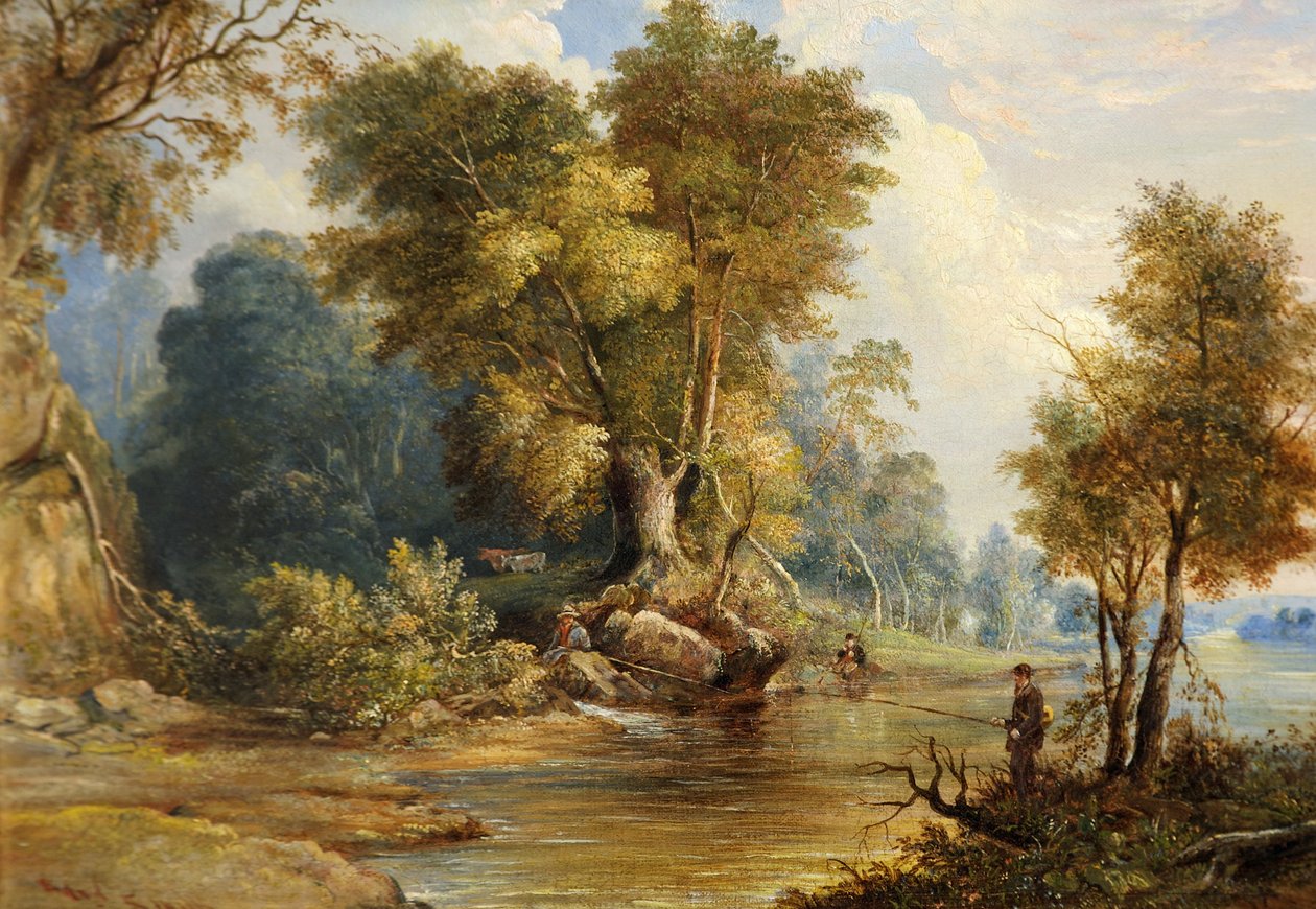 Folyói jelenet horgászokkal, a Leadon, Gloucestershire, 1880 körül alkotó: Edward Smith