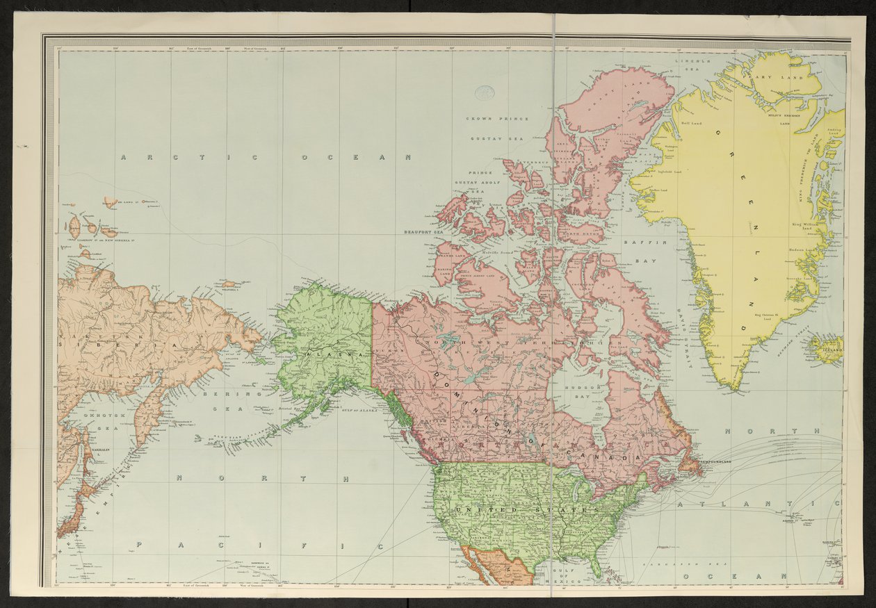 Szibériát lefedő térkép; Alaszka; Kanada; Egyesült Államok; és Grönland, a Stanford új könyvtári világtérképe alkotó: Edward Stanford