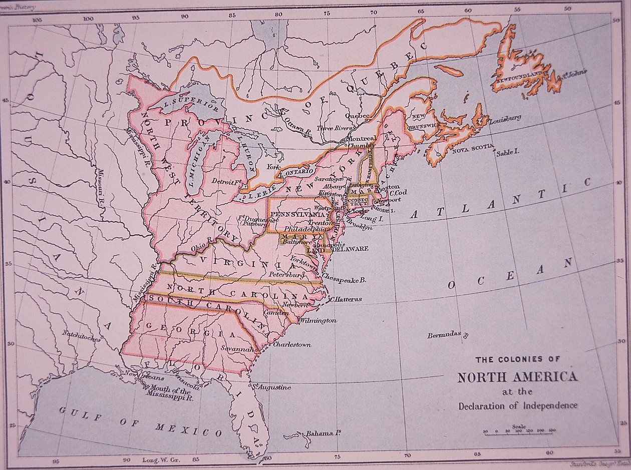 Észak-Amerika gyarmatai a Függetlenségi Nyilatkozatkor (színes litho) alkotó: Edward Stanford