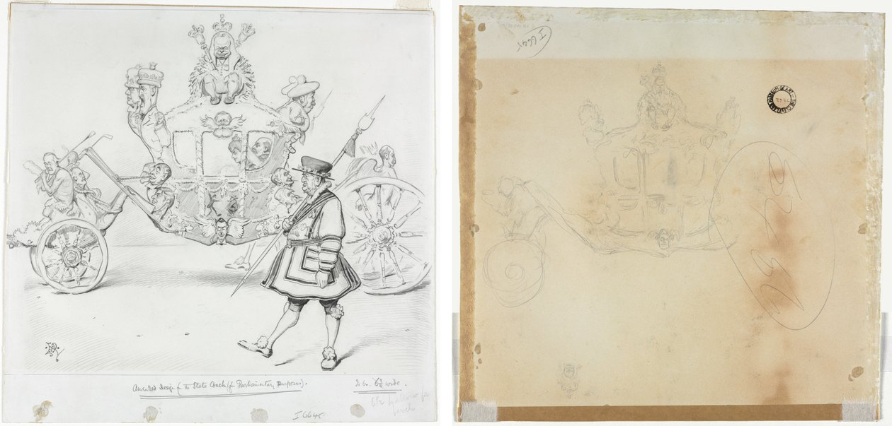 The Stagecoach parlamenti célokra (recto) Tanulmány a vezetőfülkéhez és a bal első kerékhez, valamint a Koronás figura fejéhez, aki a kocsi tetején ül (verso) alkotó: Edward Tennyson Reed