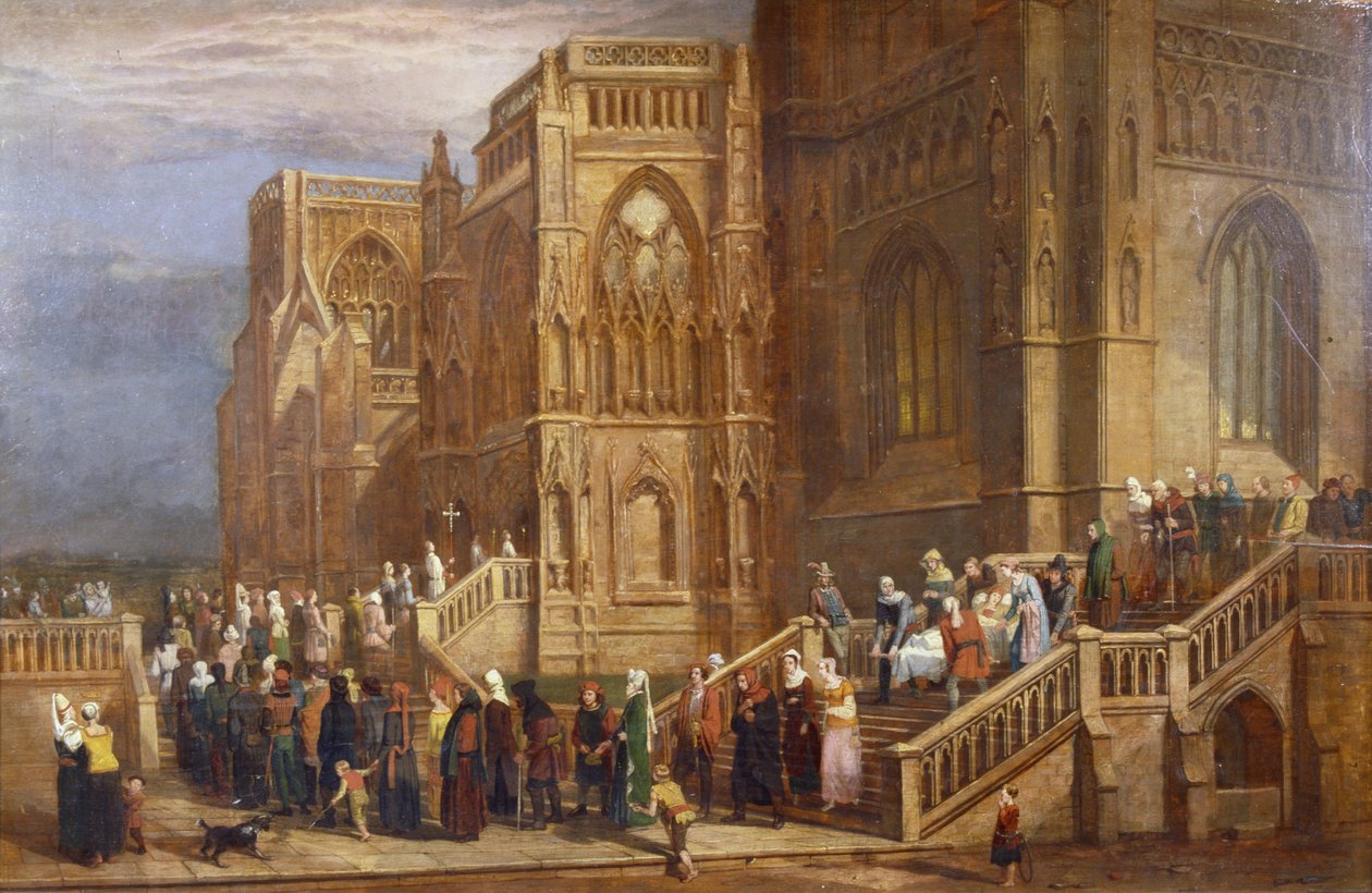 Zarándokok körmenete a St Mary Redcliffe előtt, 1825-30 körül (olaj, tábla) alkotó: Edward Villiers Rippingille