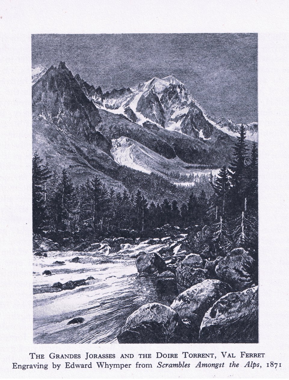 A Grand Jorasses és a Doire Torrent, Val Ferrett, a British Adventure-ből, kiadó: Collins, 1947 alkotó: Edward Whymper