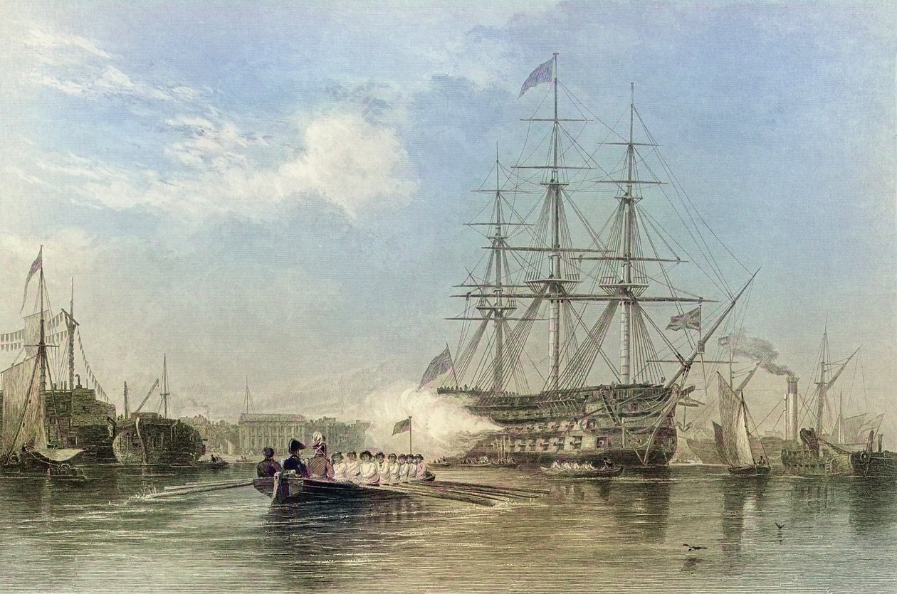 A brit haditengerészet zászlóshajója tiszteleg Gosford kikötőjében, Angliában. 19. század (metszet) alkotó: Edward William (after) Cooke