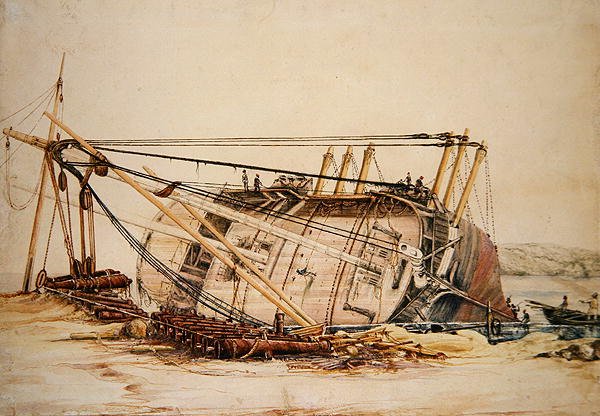 Egy strandolt brig (akvarell papíron) alkotó: Edward William Cooke