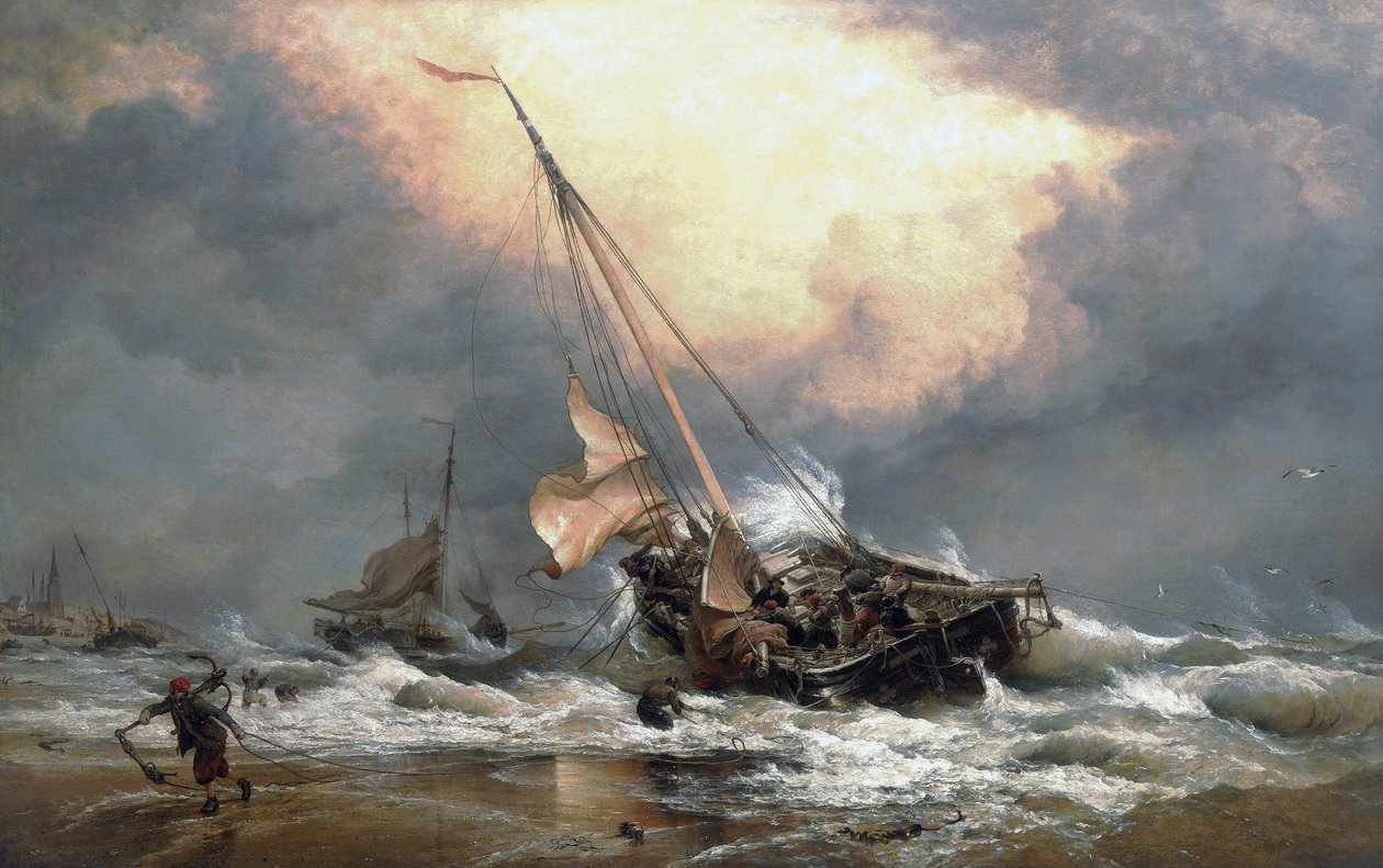 Halászok húzzák csónakjaikat az Északi-tenger partján, Scheveningen (Hollandia) közelében. Olaj, vászon alkotó: Edward William Cooke
