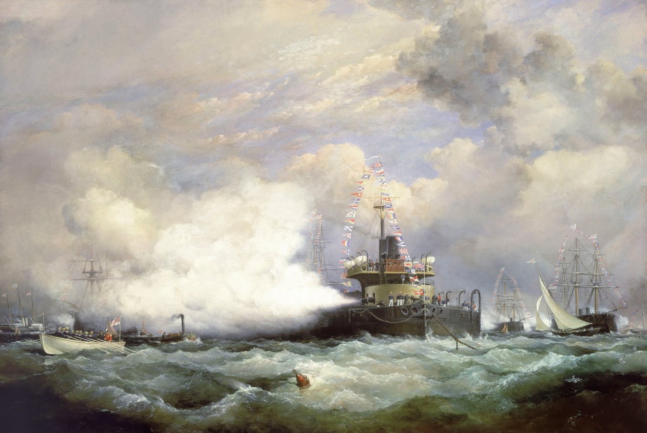 A "Devastation" toronyhajó Spitheadben a perzsa sah tiszteletére rendezett haditengerészeti szemle alkalmával, 1873. június 23. alkotó: Edward William Cooke